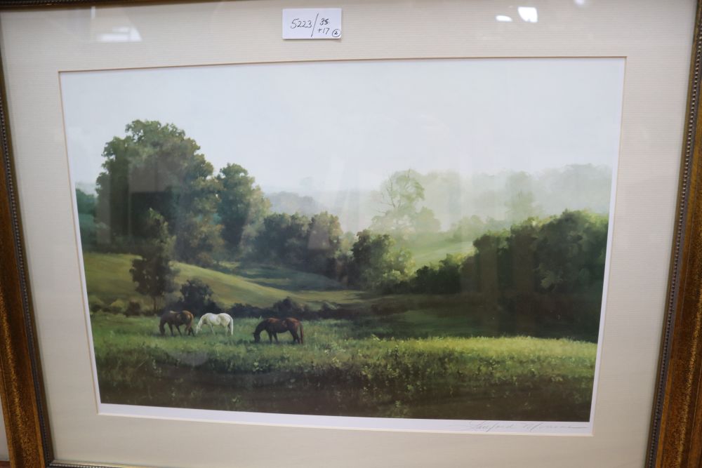 Constance Halford Thompson, pastel, Horse racing scene, 31 x 35cm and a signed colour print of horses in a meadow